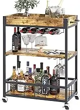 Wine Serving Bar Cart 3 Tiers Large Home Trolley Rolling Wine Rack with Wheels Mobile Kitchen Serving Cart,Industrial Vintage Style Wood Metal Serving Trolley Glass Holder Bar Cabinet