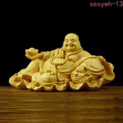 Boxwood Wood Carved Maitreya Buddha Statue Buddhism Laughing Buddha Amulet