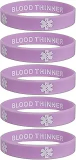 [Max Petals] Blood THINNER Medical Alert ID Privacy Enhanced Silicone Medical Alert Bracelets Single Color 5 Pack