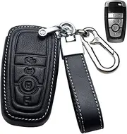 ontto Leather Car Key fob Cover fit for Ford Fusion Mustang Explorer F150 Rand Mondeo Mk5 Focus MK4 2019 2020 2021 Accessories Key case Key Holder Key Shell Keychain Keyring Protector 4 Buttons Black