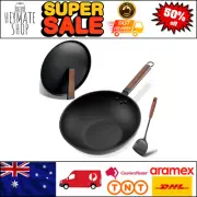Carbon Steel Wok 32cm Pre-Seasoned Non-Stick with Lid & Spatula Flat Bottom