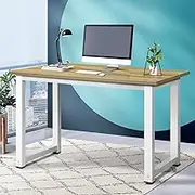 Oikiture 120cm Computer Desk with Solid Steel Frame Study, Home Office Desk Workstation Laptop Table White and Wood