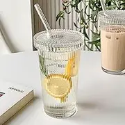 Tumbler Stripe Glass Cup Coffee Cup With Lid and Straw Drinking Glasses for Water/Ice Coffee/Tea/Juice/Milk