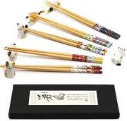 Naihey 5 Pairs Chopsticks and Chopstick Rest Set, 6 Cute Lucky Cats Rest, Classi