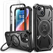 Lanhiem for iPhone 14 Case/iPhone 13 Case with 2 Pack Screen Protector, Shockproof Military-Grade Protection, Magnetic Kickstand Phone Case for iPhone 14/13, Black