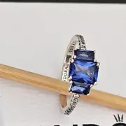 PANDORA Blue Rectangular Three Stone Sparkling Cz Ring 192389 Size 54 Free Post