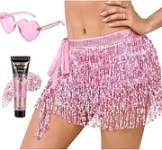 [Lainlight] Womens Sequin Tassel Skirt Belly Dance Hip Scarf Sparkly Fringe Skirt Set with Heart Sunglasses and Face Glitter for Party