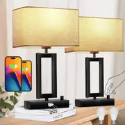 2 USB Charging Bedside Lamps - Dimmable LED Bedroom Lights with Rotary Switch and Grey Fabric Shade