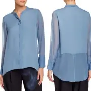 NWT Elie Tahari Blouse Sz.M Blue Silk Chiffon Long Sleeve Crewneck Hi-Lo Hem 90s