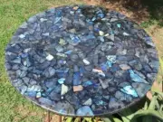 Elegant Blue Granite Round Labradorite Coffee Table Handcrafted Luxury Furniture
