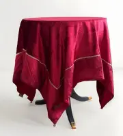 Red Velvet Tablecloth Cover 48” Square w/Gold Trim & 4 Jeweled Cluster Corners