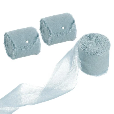 3 Rolls 1.5"x7Yd Chiffon Ribbon Handmade Fringe Chiffon Silk Ribbon Dusty Blue