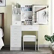 Dressing Table with Mirror Lights,Small Vanity Desk with 5 Drawers and Storage Shelf, 3 Color Adjustable Lighting, Modern Makeup Vanity for Bedroom