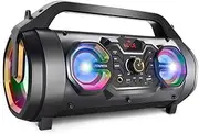 Bluetooth Speakers, 30W Portable Bluetooth Boombox with Subwoofer, FM Radio, Colorful Lights, EQ, Stereo Sound, Booming Bass, 10H Playtime Wireless Outdoor Speaker for Home, Party, Camping, Travel