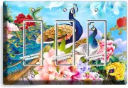 FLORAL PEACOCK BIRDS COLORFUL FEATHERS 3 GFCI LIGHT SWITCH WALL PLATE ROOM DECOR