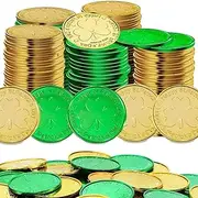 100 Pcs St. Patrick's Day Shamrock Coin 3-Leaf Clover Leprechaun Coin Plastic Green and Gold Lucky Coin St Patrick’s Day Decorations for Irish St. Patrick's Day Party Table Decorations