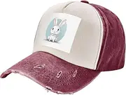 [YANYU] Cute White Rabbit Print Print Fashion Washed Distressed Baseball Cap Vintage Adjustable Hat with Classic Brim, Dark Red, One Size