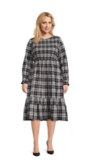 TERRA & SKY Women's 2X Peasant Tiered Long Sleeve Midi Dress • Playful Plaid