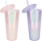 Luxfuel 24 oz DIY Studded Tumbler with Lid and Straw, Reusable Plastic Acrylic Cup,Double Walled Matte Travel Tumbler for Iced Coffee, Cold Water,Smoothie,Wide Mouth,Spill Proof,100% BPA Free,2 Pack