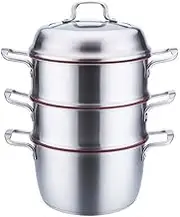 Household Stainless Steel 3-Tier Rice cooker, Double Boilder, steam soup pot and steamer Visible cover, work with Gas, Electric,and Grill stove top(26cm)