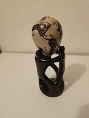 Vintage Hand Etched & Painted Stone Egg Globe World Map Kenya And Base
