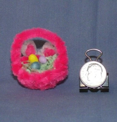 Miniature Dollhouse Easter Bunny Rabbit Ears Basket Eggs Grass Lot Pink 1.5"