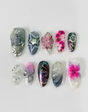 Pink Floral & Star Medium Almond Press-On Nails, Hand-Painted Y2K Gothic Set