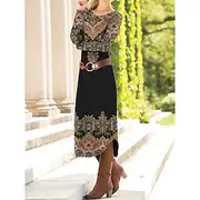 Women's Midi Dress Winter Dress Ethnic Dress Print Dress Vintage Ethnic Tribal Outdoor Vacation Daily Loose Fit Geometric Color Block Tribal Long Sleeve Crew N
