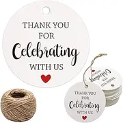 Thank You for Celebrating with Us Tags, 100Pcs White Thank You Tags for Wedding Birthday Baby Shower Party Favors, Paper Gift Tags with 100 Feet Jute String