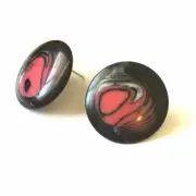 Dark Pink & Black Marbled Vintage Lucite Large Disc Stud Earrings