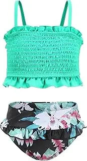[HowJoJo] Girls Shirring Ruffle High Waist Swimsuits Sets Two Piece Bikini Swimsuits Bathing Suit Set