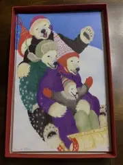 5 Paris Bottman TOBOGGAN RIDE Christmas CARDS & ENVELOPES 1997 Polar Bears Sled