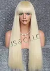 Human hair Blend Full Wig Heat OK Bleach Blonde straight blunt bangs MG 613