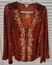 Sundance Catalog Velvet Embroidered Printed Silk Blend Shirt Top Petite Small