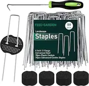 FEED GARDEN 6 Inch 50Pcs Galvanized Landscape Staples 50Pcs Gaskets Pick Hook Garden Stakes 11 Gauge Anti-Rust Landscaping Fabric SOD Pins U Shaped Yard Stakes for Weed Barrier Fabric Decoration