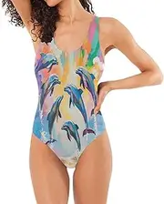 [Joisal] Heart Tree Stars Blue Slimming Swimsuits Backless Bathing Suits for Women One Piece, Vibrant Dolphins Sea, Medium