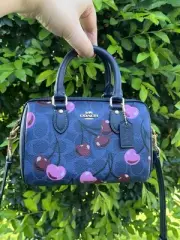Coach Mini Rowan xbody Bag Signature Canvas Cherry Print Gold/Denim Blue NWT