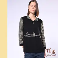 在飛比找Yahoo奇摩購物中心優惠-【佳葳Justwear】時尚鑽字拼接開襟棉質上衣(女上衣/女