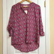 NWT Pink Rose Roll Tab Sleeve Floral Burgundy Top Boho Geometric V-Neck Size L