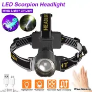 2in1 White LED Headlamp UV Light Sensor Zoom Torch Purple Lamp USB Rechargeable