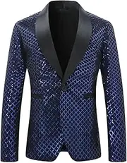 [Generic] Men's Luxury Sequins Suit Jacket Fashion Plaid Blazers for Wedding Prom Dress Single Button Blazers