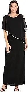 [R&M Richards] Long Metallic Stripe Dress W/Rhinestone Trim Chiffon Poncho, Black, 22