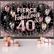 Happy 40th Birthday Backdrop Banner Fierce Fabulous and 40 Decorations for Women 40 Years Old Bday Background Rose Gold Pink Photography Party Decor Sign Supplies