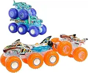 Hot Wheels Monster Trucks Toy Truck & Big Rig Multipack, Mega Wrex & Tiger Shark in 1:64 Scale with Big Rigs in Matching Power Smashers Decoration, HYJ29