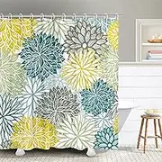 Floral Shower Curtain, Turquoise Dahlia Shower Curtains Set with 12 Hooks, Waterproof Fabric Bathroom Curtain Flowers, 72 x 72 Inch, Yellow Turquoise Teal Dahlia Flowers Shower Curtains