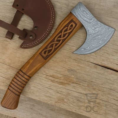 Custom Handmade Viking Axe with Damascus Steel Blade & Leather Sheath | Camping