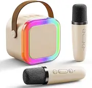 Mini Karaoke Machine for Kids and Adults, Kids Toy Gifts Karaoke Microphones, Portable Bluetooth Speaker with 2 Wireless Mics, Karaokee with LED Lights for Home Party Birthday (Beige)