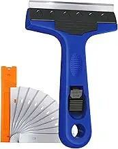 Razor Blade Scraper, 4" Scraper Tool with 10 Extra Replacement Metal Blades, Razor Scraper Remover for Cleaning Paint, Caulk, Adhesive, Label, Decal, Sticker from Window, Glass, Tile, Floor, Stove Top