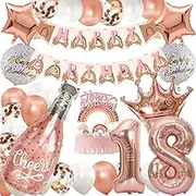 35 Pcs Sweet 18th Birthday Decorations Girls, Rose Gold Balloon Kit Happy Birthday Banner for Party Decorations Supplies Princess Birthday Decorations with Champagne Balloon (18th)