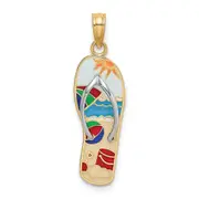 14k Yellow & Rhodium Gold w/Rhodium Multi-Colored 3D Enamel Beach Scene On Flip-Flop Charm